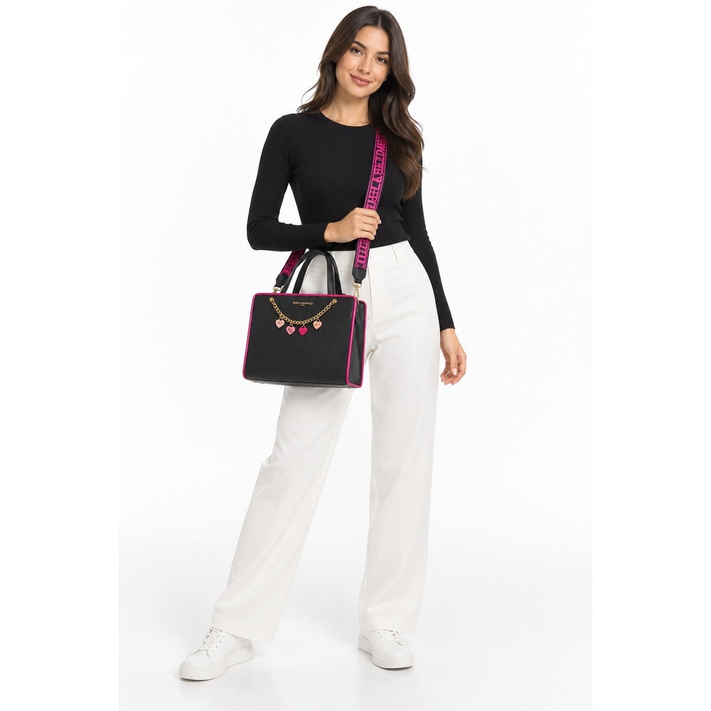 KARL LAGERFELD PARIS Black Fuchsia Heart Charm Tote Crossbody Bag